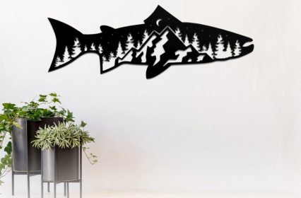 TROUT FISH DESIGN - METAL WALL ART (Color: Black)