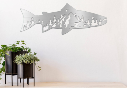 TROUT FISH DESIGN - METAL WALL ART (Color: Silver)